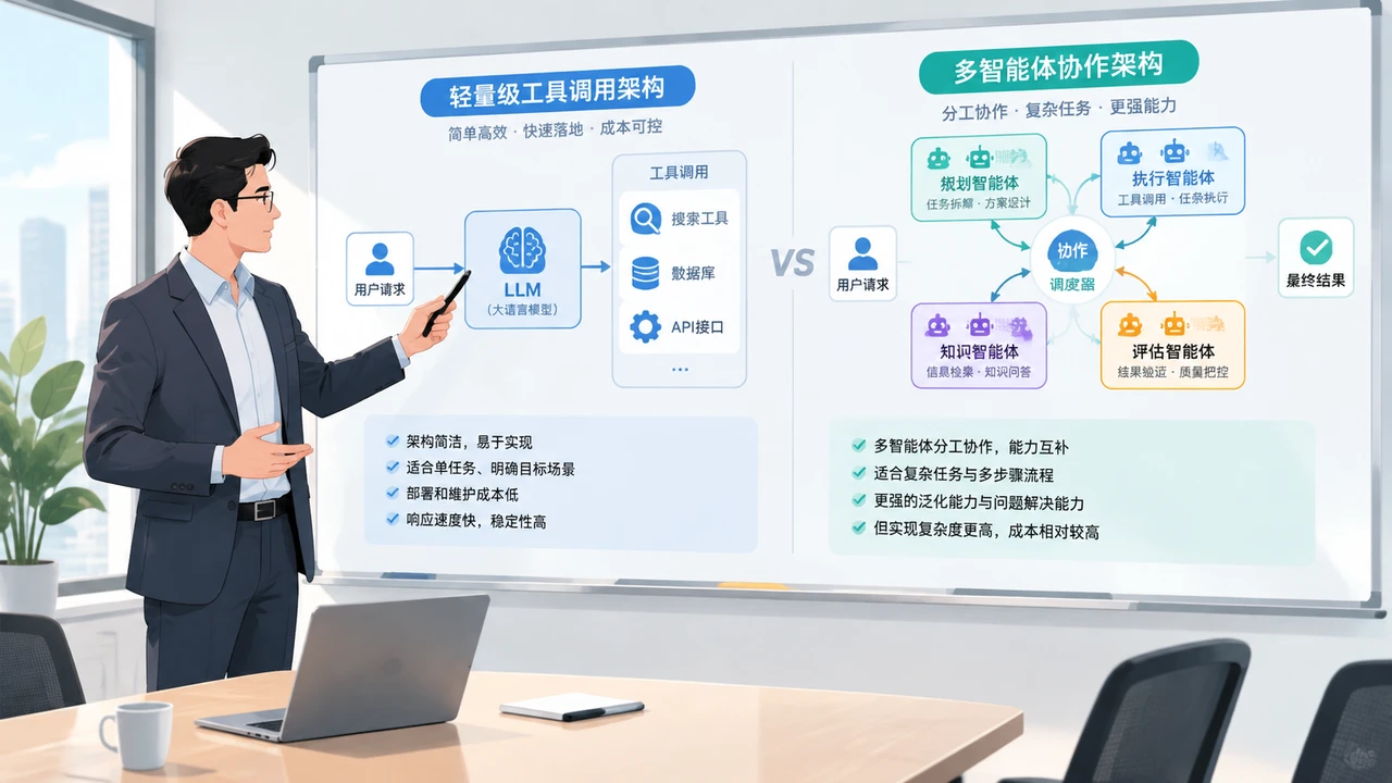 企业管理者对比智能体技术架构示意图