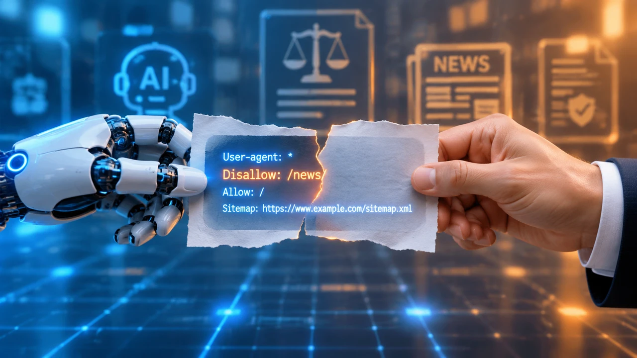 概念插图：机器人手与人类手分别持有一张写有robots.txt代码的纸张两端，象征AI与新闻内容之间的边界协商
