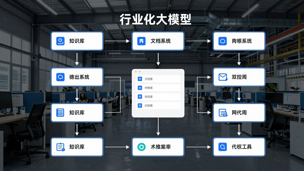行业大模型连接企业智能体与业务流程的示意场景