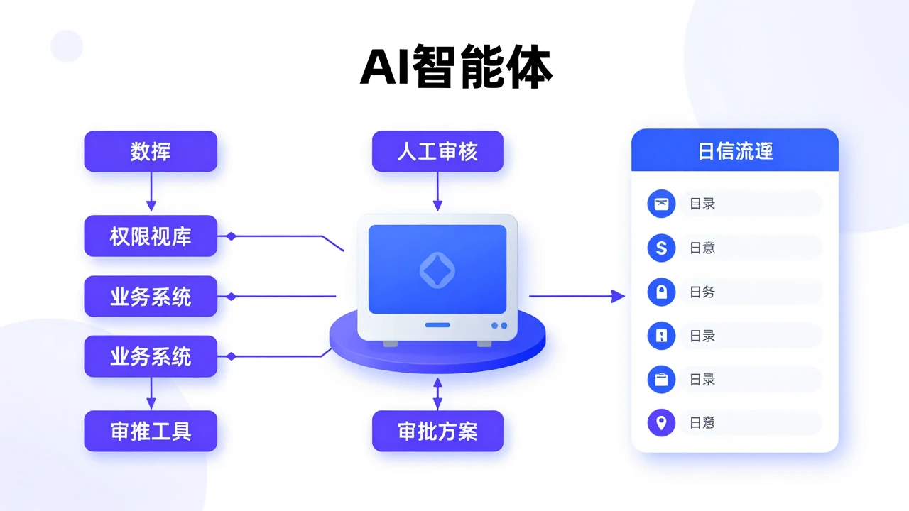 AI智能体从演示走向执行:企业如何核验权限、成本与责任边界 1 企业AI智能体通过受控权限调用工具并接受人工审核的工作流示意