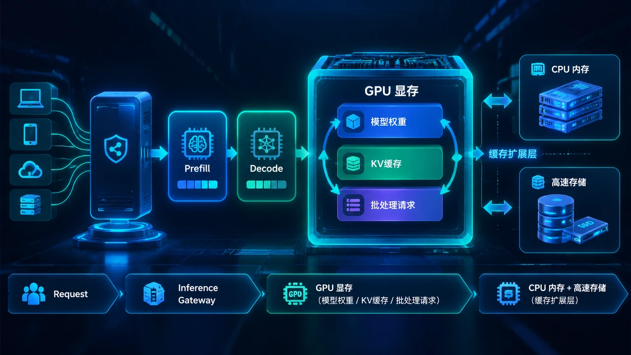企业AI推理服务中的KV缓存与显存资源关系示意图
